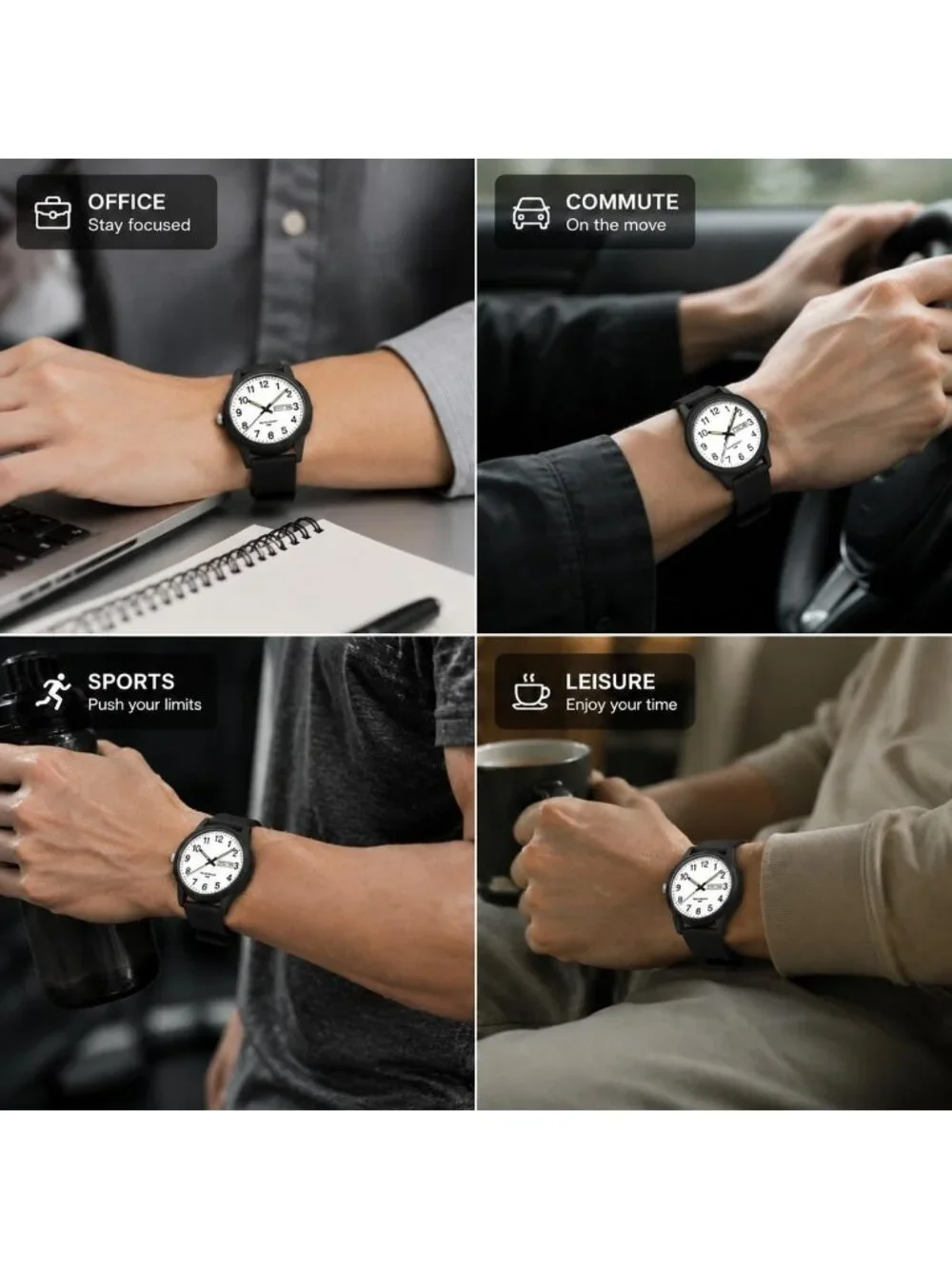 Men's Black White Simple Minimalist Sport Waterproof Analog Quartz Wrist Watch
